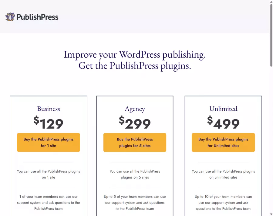 PublishPress pricing tiers screenshot